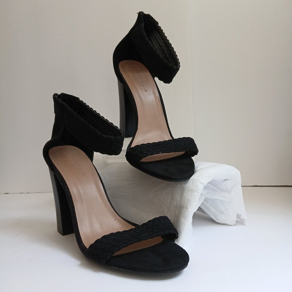 Bamboo 'Faith' Black Suede Crochet Ankle Strap 4"Block Heel Sandals NWOB Sz 7.5
